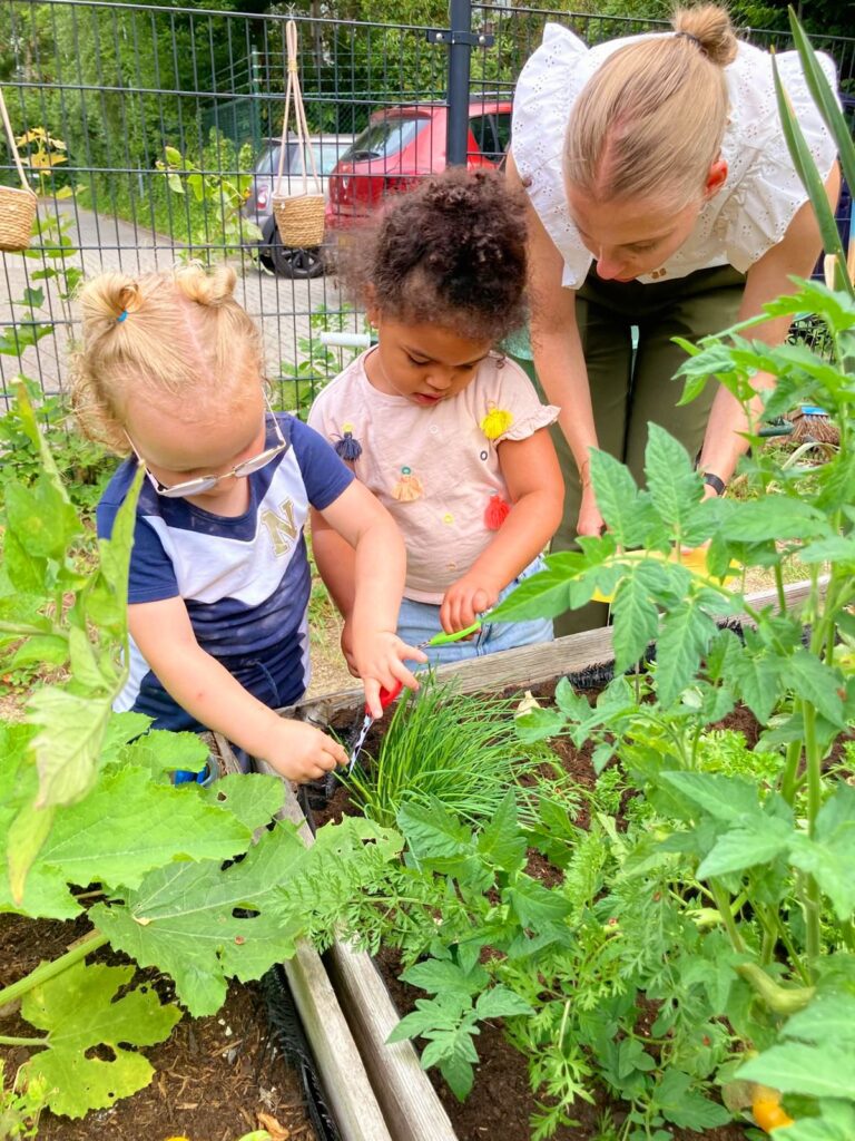 Werken als pedagogisch professional in Heerlen — kinderen oogsten verse kruiden in de moestuin