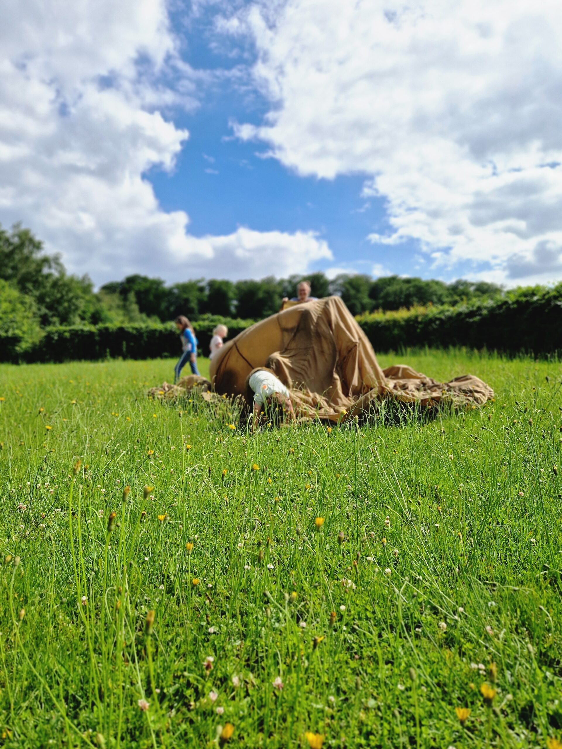 Kinderen bouwen een hut op het grasveld
